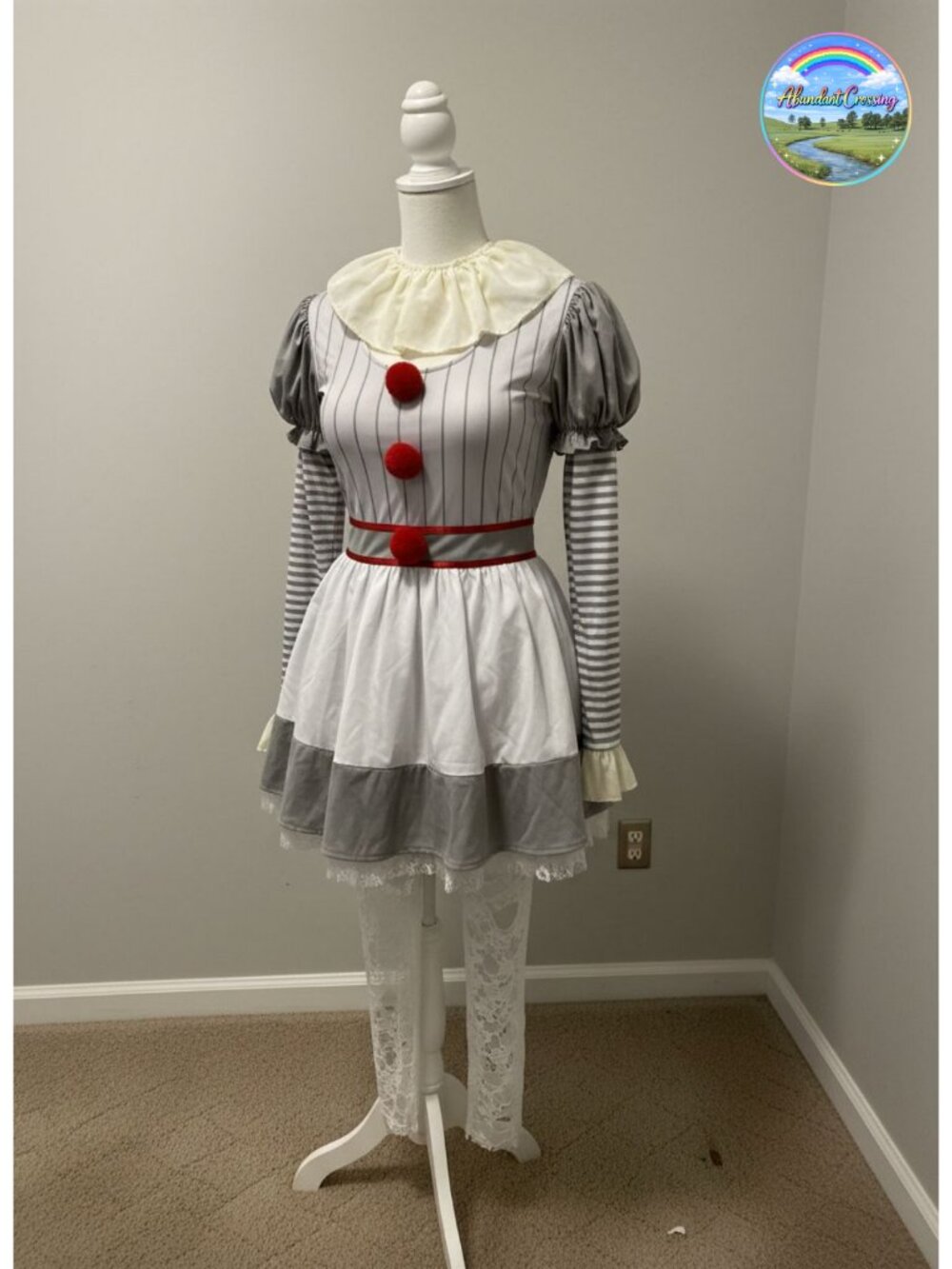 2 Piece Creepy Clown Costume Dress Lace Neck Piece A-Line